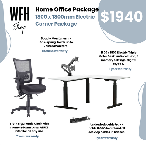 Home Office Starter Package - 1800 x 1800 x 750mm Corner Desk I Chair I Cable Tray I Monitor Arms